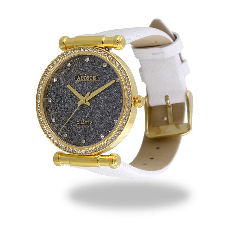 【美品】ABISTE ラウンドフェイス クリスタル レザーベルト 腕時計