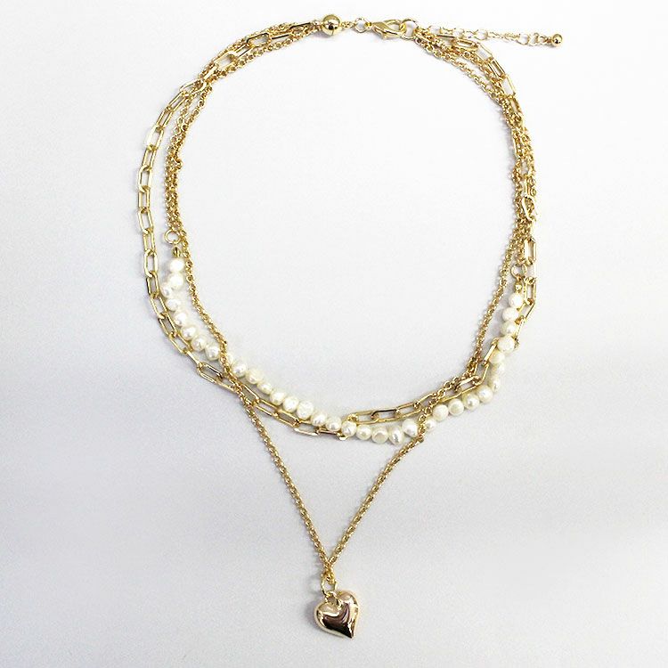 淡水パール×チェーン×ハートペンダント3連ショートネックレス