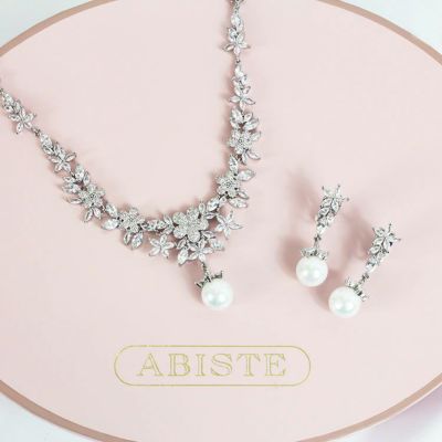 フラワーキュービックジルコニア×パールネックレス・イヤリングセット