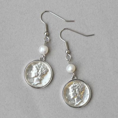 アメリカ10セントマーキュリーダイムコイン×パールロングピアス